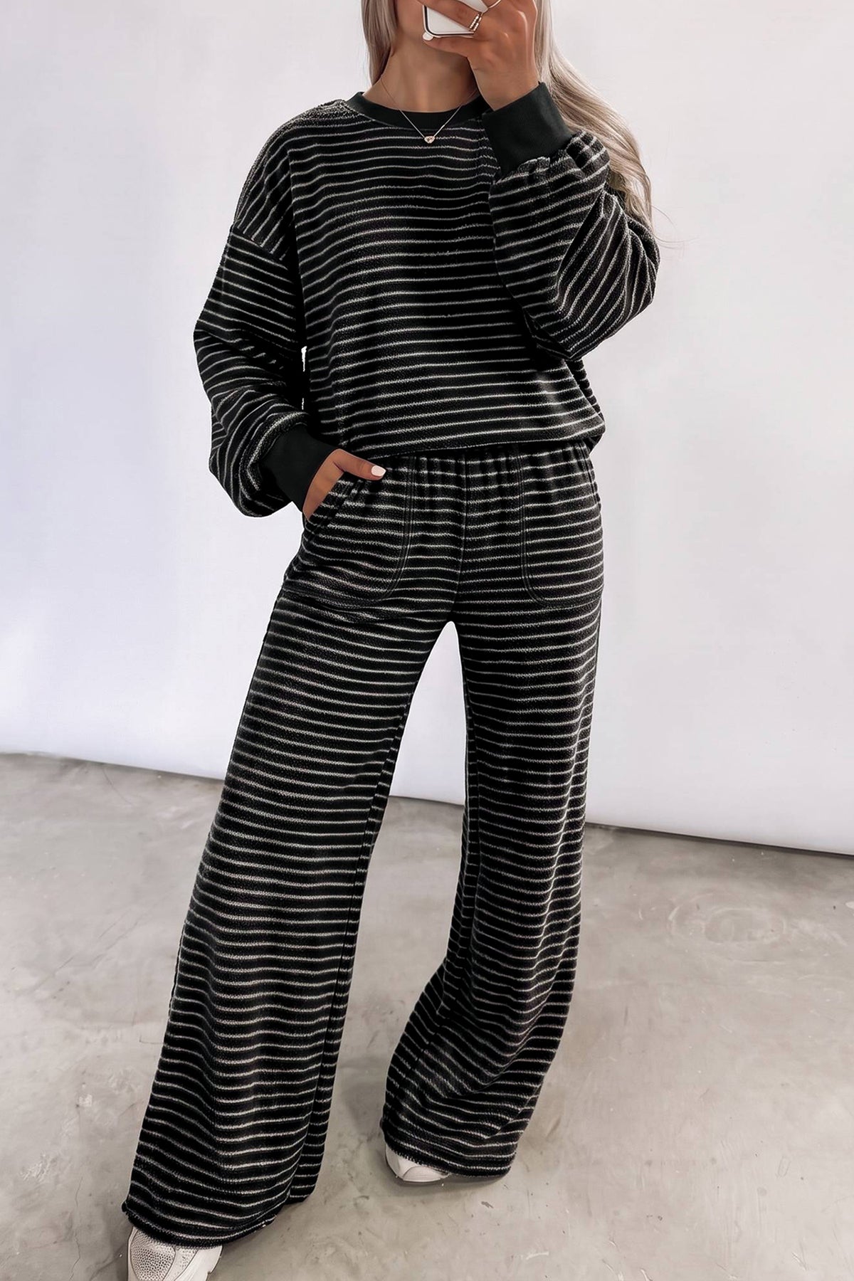 Black Stripe Cozy Terry Knit Long Sleeve Pullover Pocketed Shift Pants 2pcs Sets