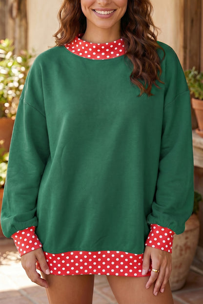Dark Green Colorblock Polka Dot Contrast Trim Oversized Sweatshirt