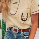 Apricot RODEO Horseshoe Embroidered Patch Pocket T Shirt