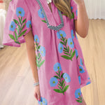 Rose Floral Short Sleeve Split Neck Loose Mini Dress