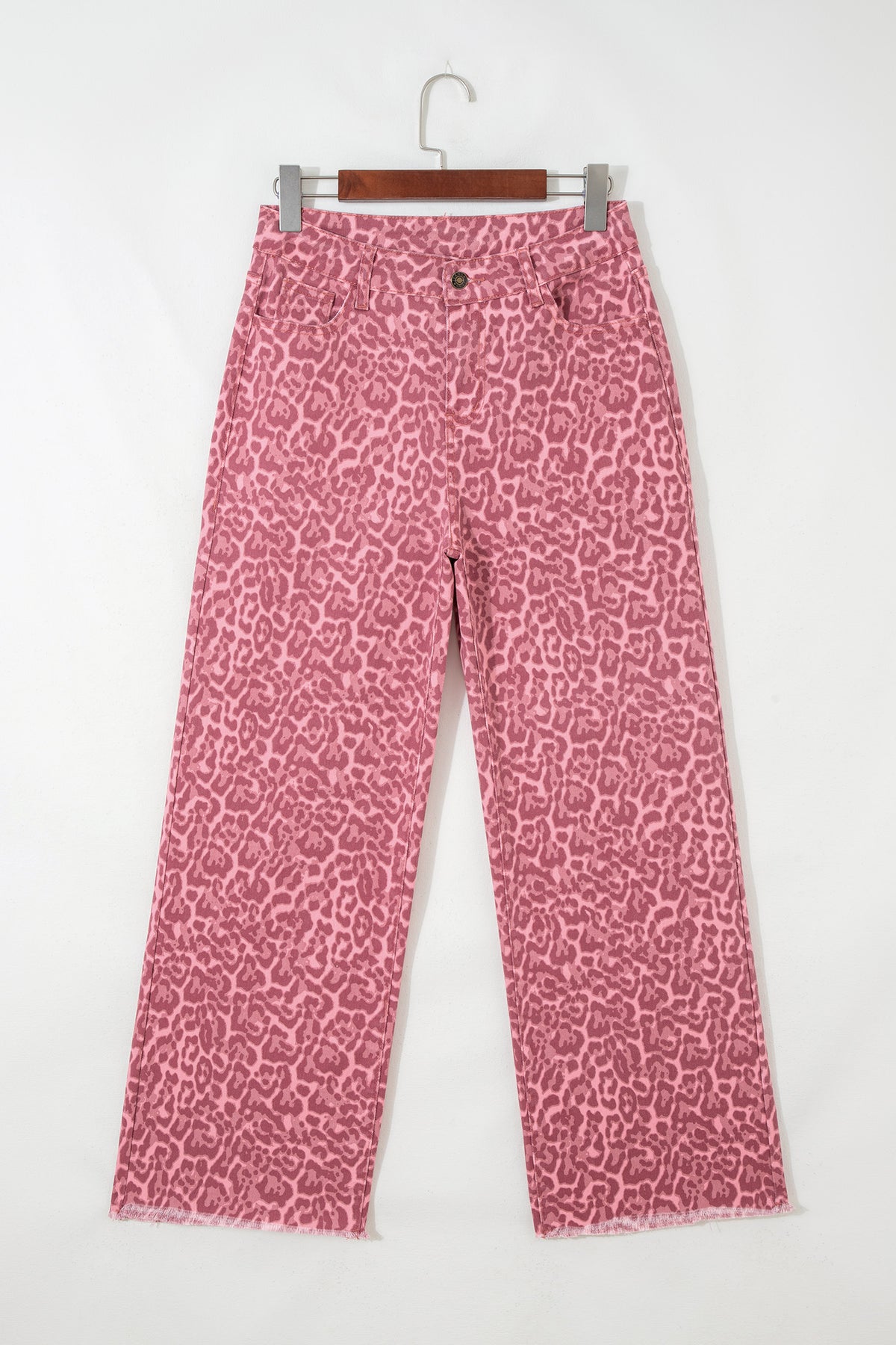 Rose Leopard Frayed Edge Wide Leg High Waist Jeans