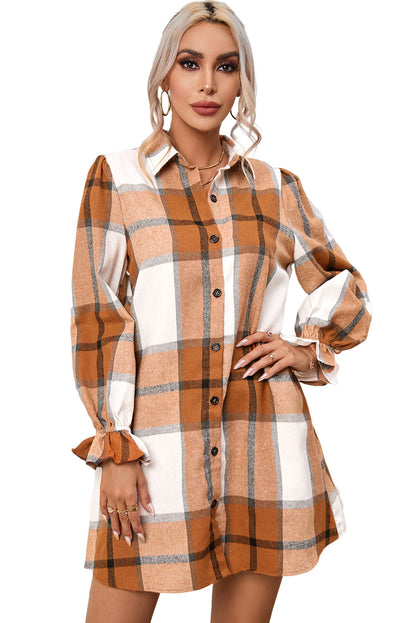 Brown Plaid Pattern Collared Neck Ruffled Sleeve Shirt Dress