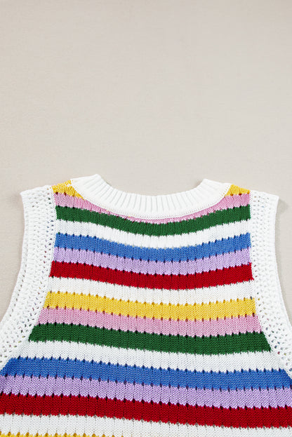 Gilet pull slim en maille rayée multicolore à œillets