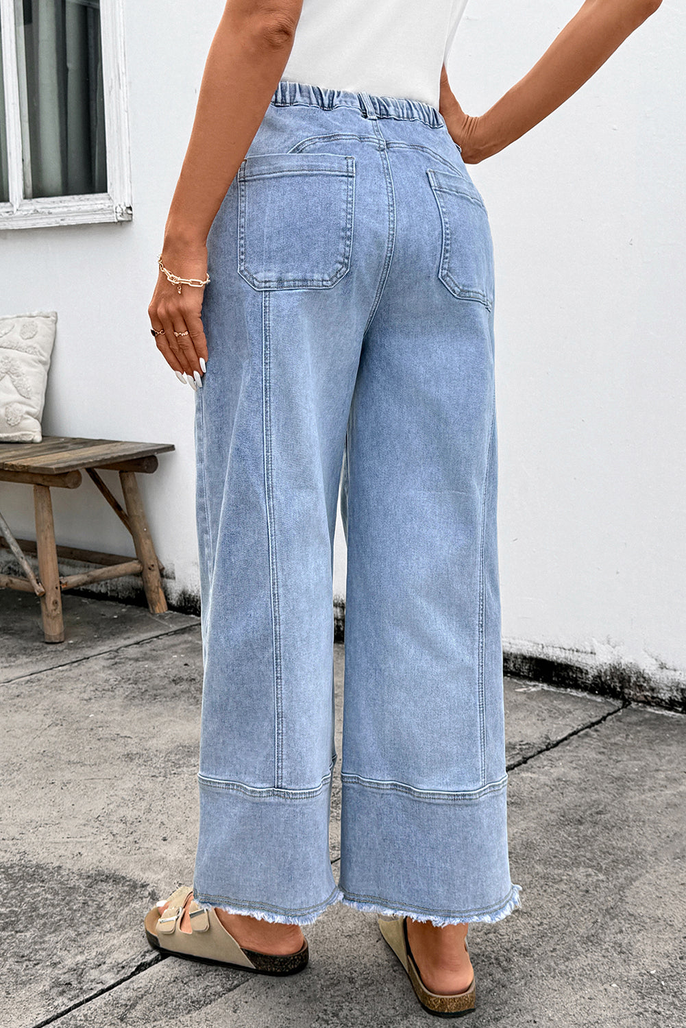 Prussian Blue Drawstring Seam Detail Raw Hem Wide Leg Denim Pants