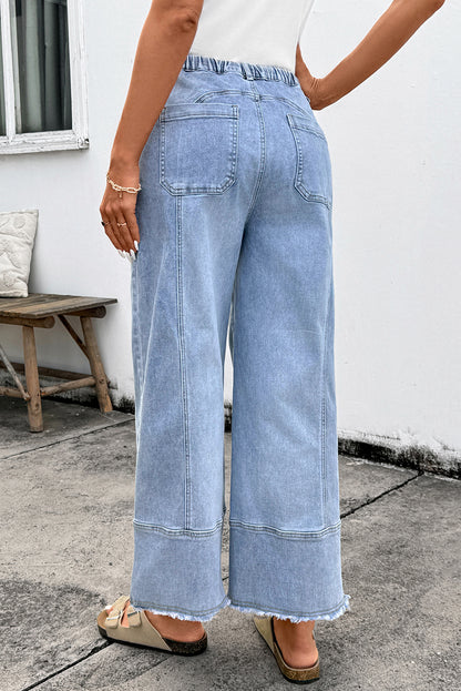 Prussian Blue Drawstring Seam Detail Raw Hem Wide Leg Denim Pants