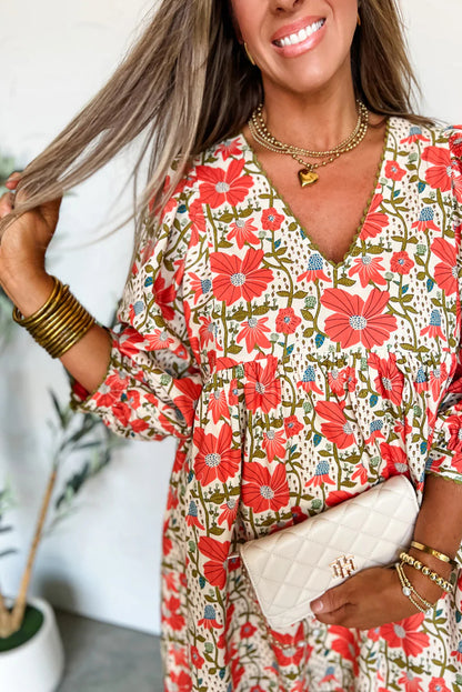 Red Floral Print Ricrac Trim V Neck 3/4 Sleeve Loose Mini Dress