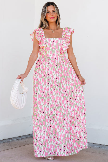Robe longue rose à imprimé floral, col carré et bretelles à volants