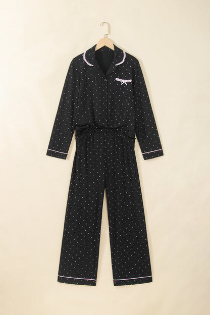 Black Polka Dot Long Sleeve Shirt Lace Detail Two Piece Pajama Pant Set