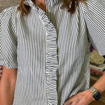 Black Striped Ruffle Short Bubble Sleeve Shirt