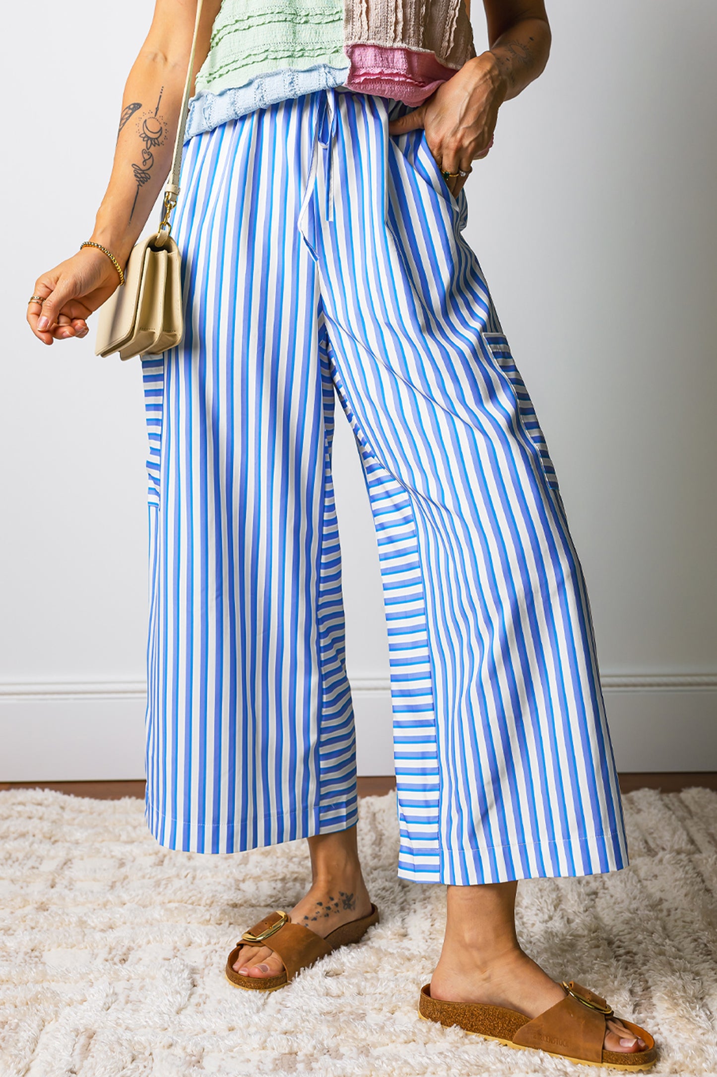 Sky Blue Stripe Drawstring Elastic Waist Patch Pocket Wide Leg Ankle-length Pants