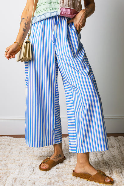 Sky Blue Stripe Drawstring Elastic Waist Patch Pocket Wide Leg Ankle-length Pants