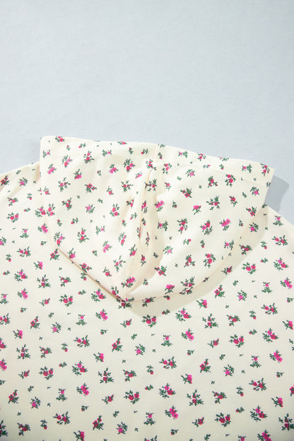 Beige Floral Print Hooded Long Sleeve Plus Size Set