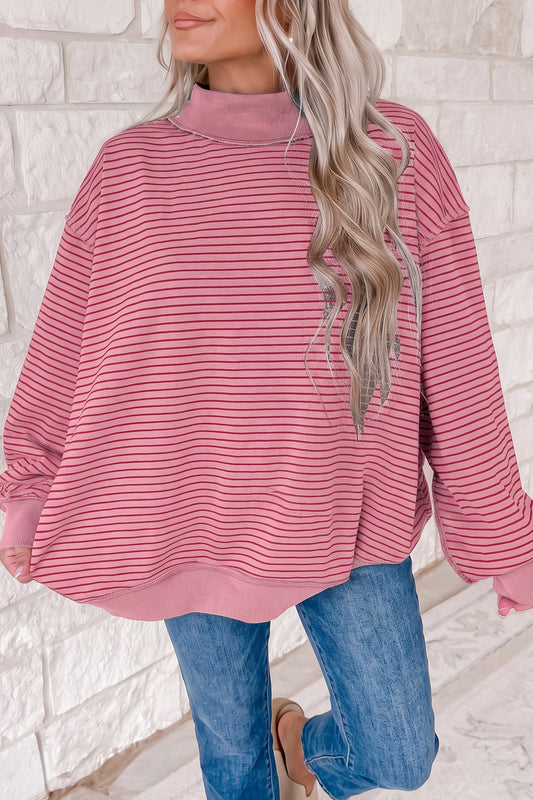 Pink Stripe Ribbed Color Block Mock Neck Oversized Sweatshirt