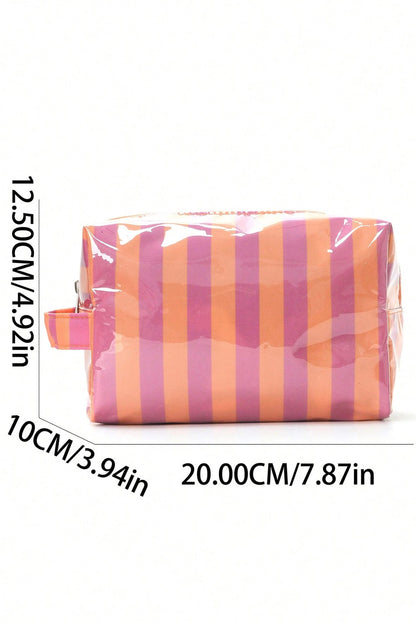 Fiery Red PVC Striped Cosmetic Bag Durable Zipper Handle Travel Organizer