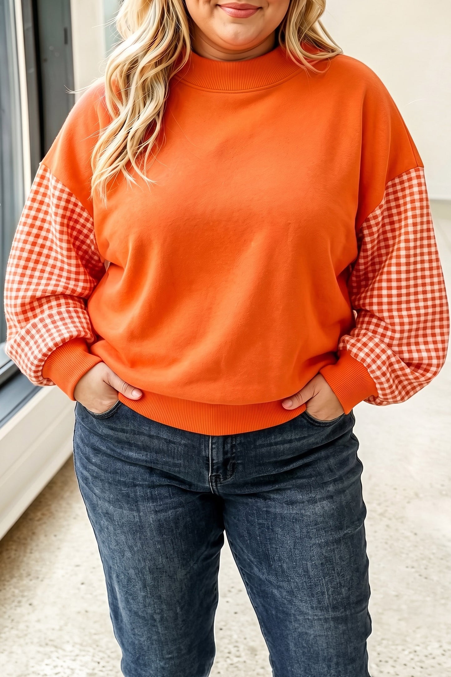 Russet Orange Patchwork Plaid Loose Fit Long Sleeve Plus Size Sweatshirt