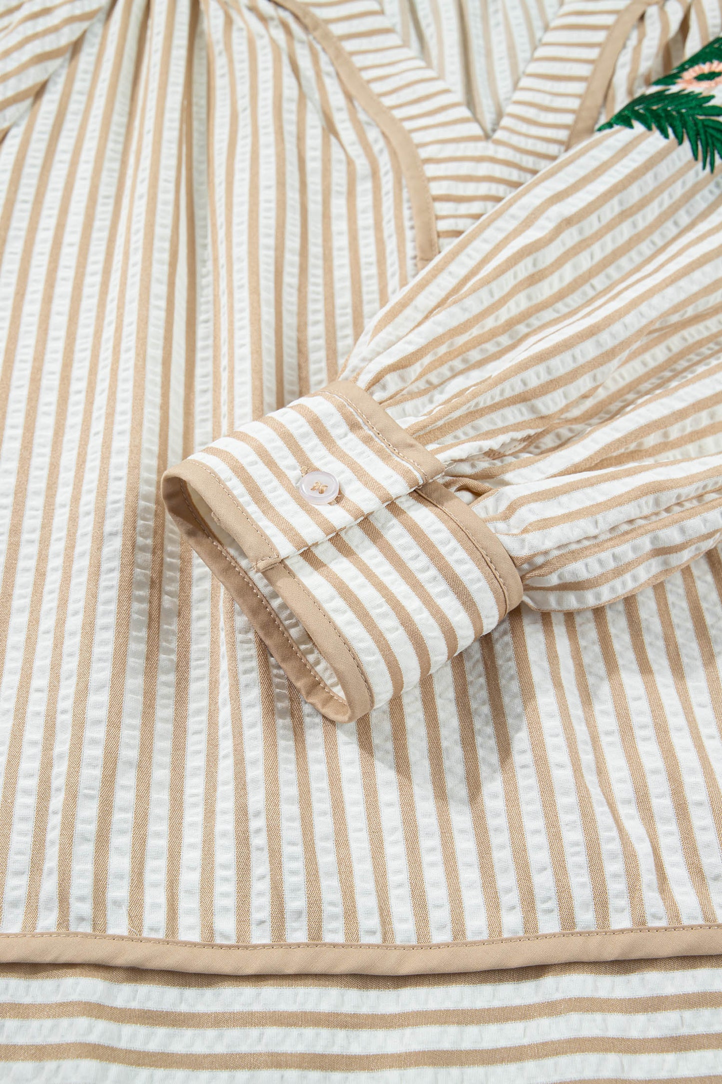 Khaki Stripe V Neck Floral Embroidered Long Sleeve Blouse