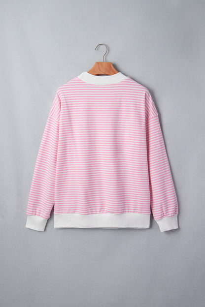 Pink Stripe Bow Embroidered Bow Contrast High Neck Baggy Sweatshirt