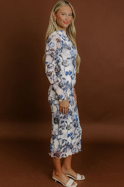 Sky Blue Floral Print Sheath Elegant Long Sleeve Dress