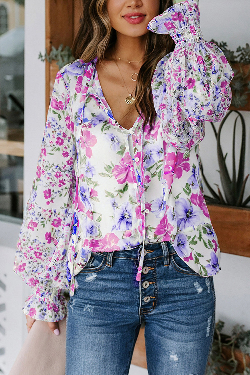 Rose Casual Cakewalk Floral Smocked Blouse