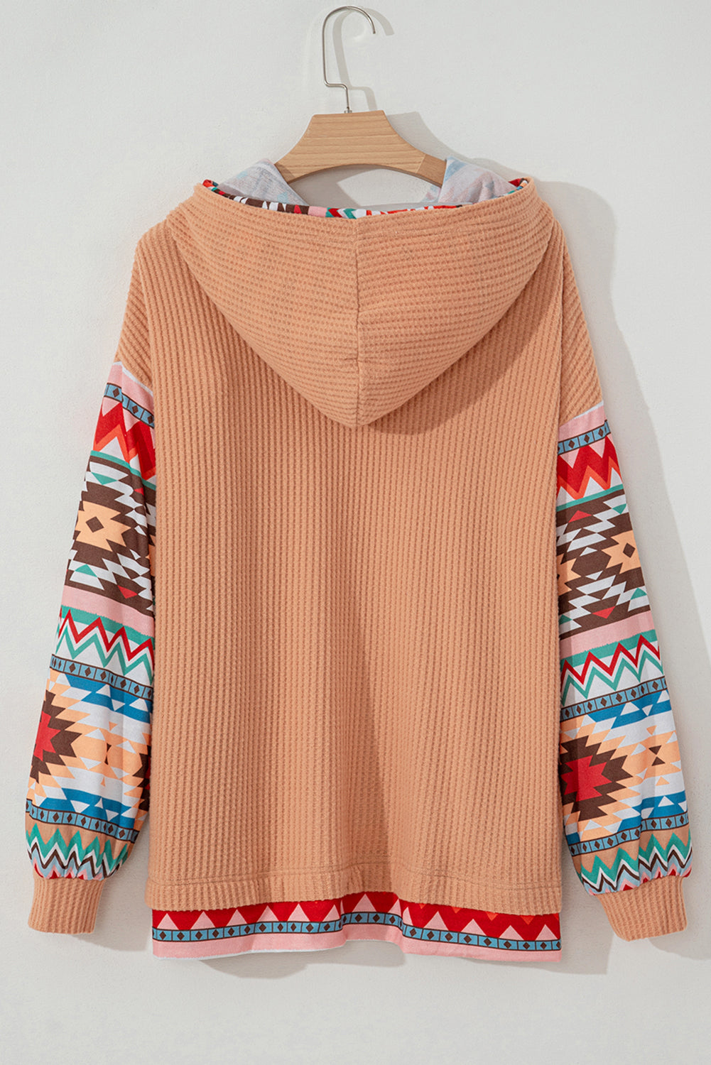 Sweat à capuche kaki en tricot gaufré patchwork aztèque grande taille