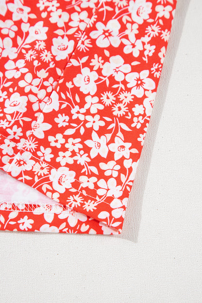 Chemisier rouge à fleurs grande taille, col en V, manches évasées et bracelet