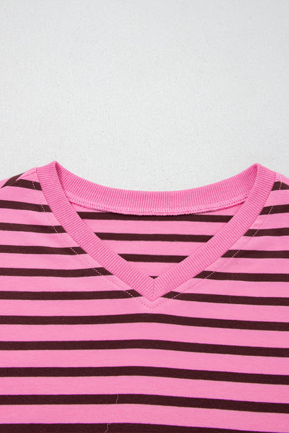Pink Stripe V Neck Long Sleeve Drop Shoulder Blouse