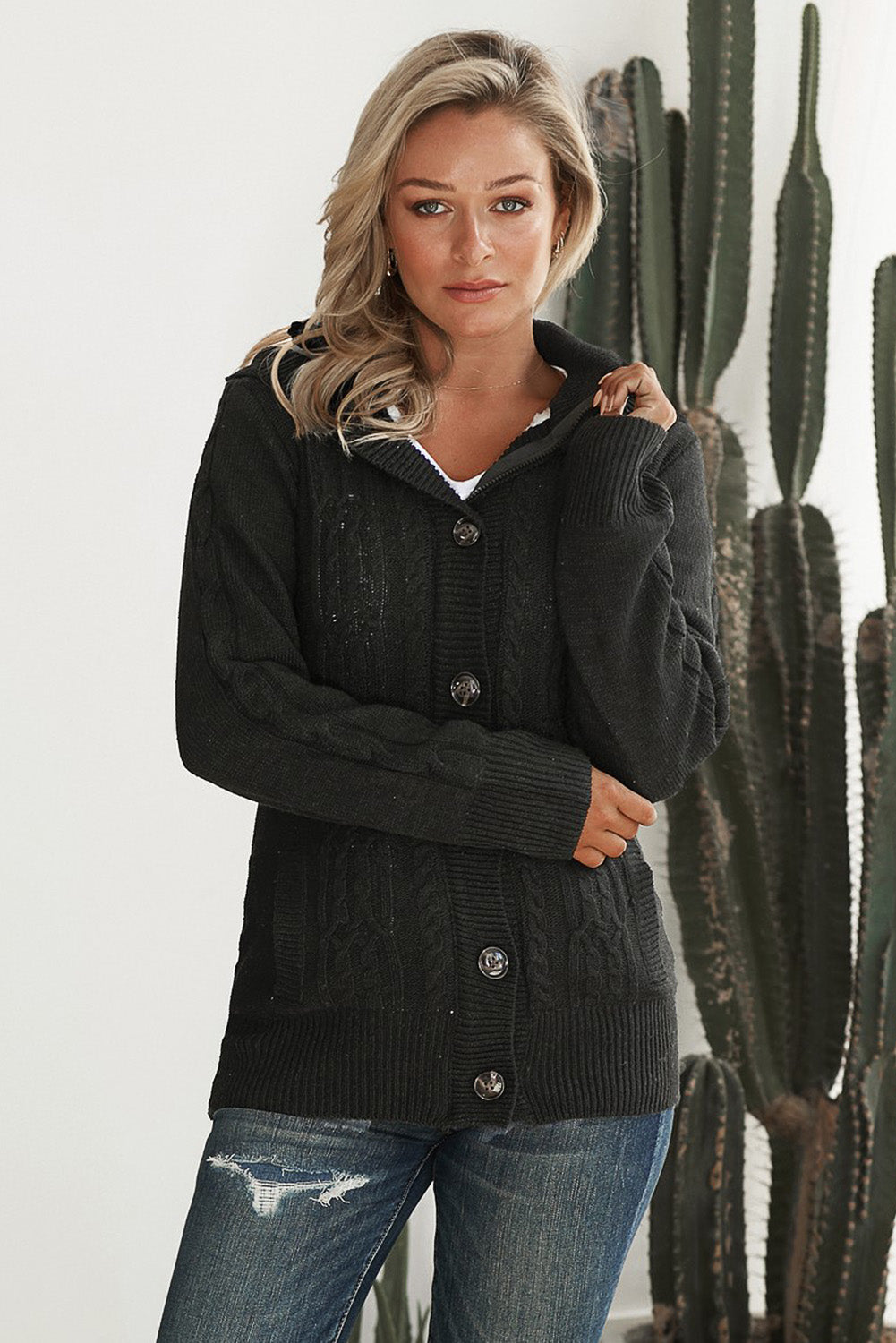 Black Long Sleeve Button-up Hooded Cardigans