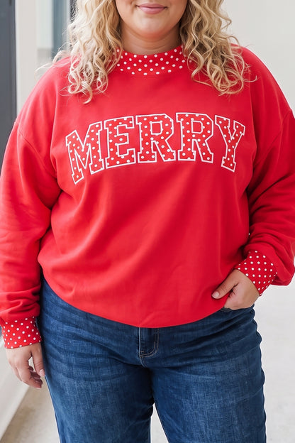 Tomato Red Casual Polka Dot Patchwork Letter Graphic Plus Size Sweatshirt