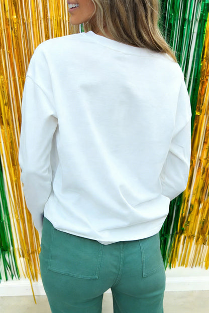 White Lucky Heat Transfer Printed Long Sleeve Top