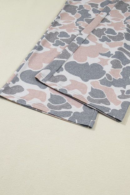 Multicolour Camouflage Short Sleeve Top and High Waist Wide Leg Pants Set