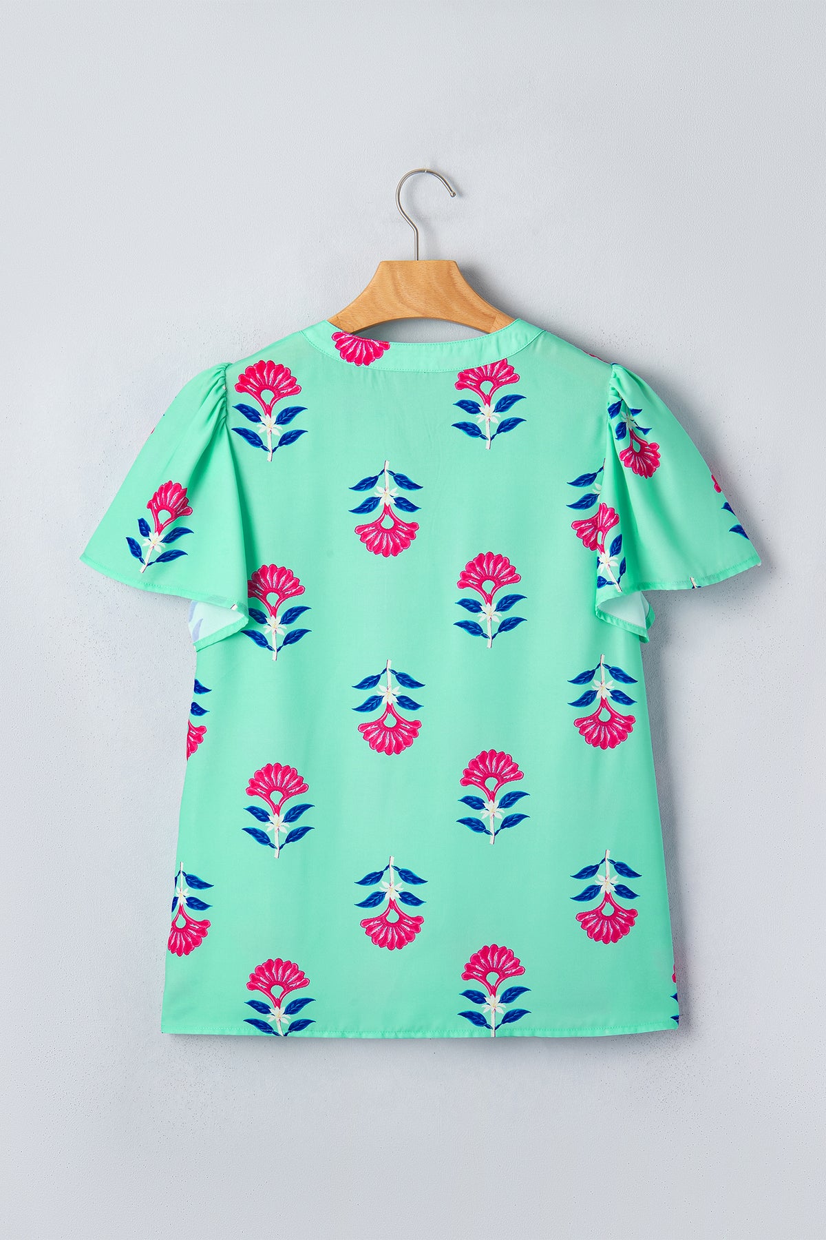Green Floral V Neck Flutter Sleeve Blouse