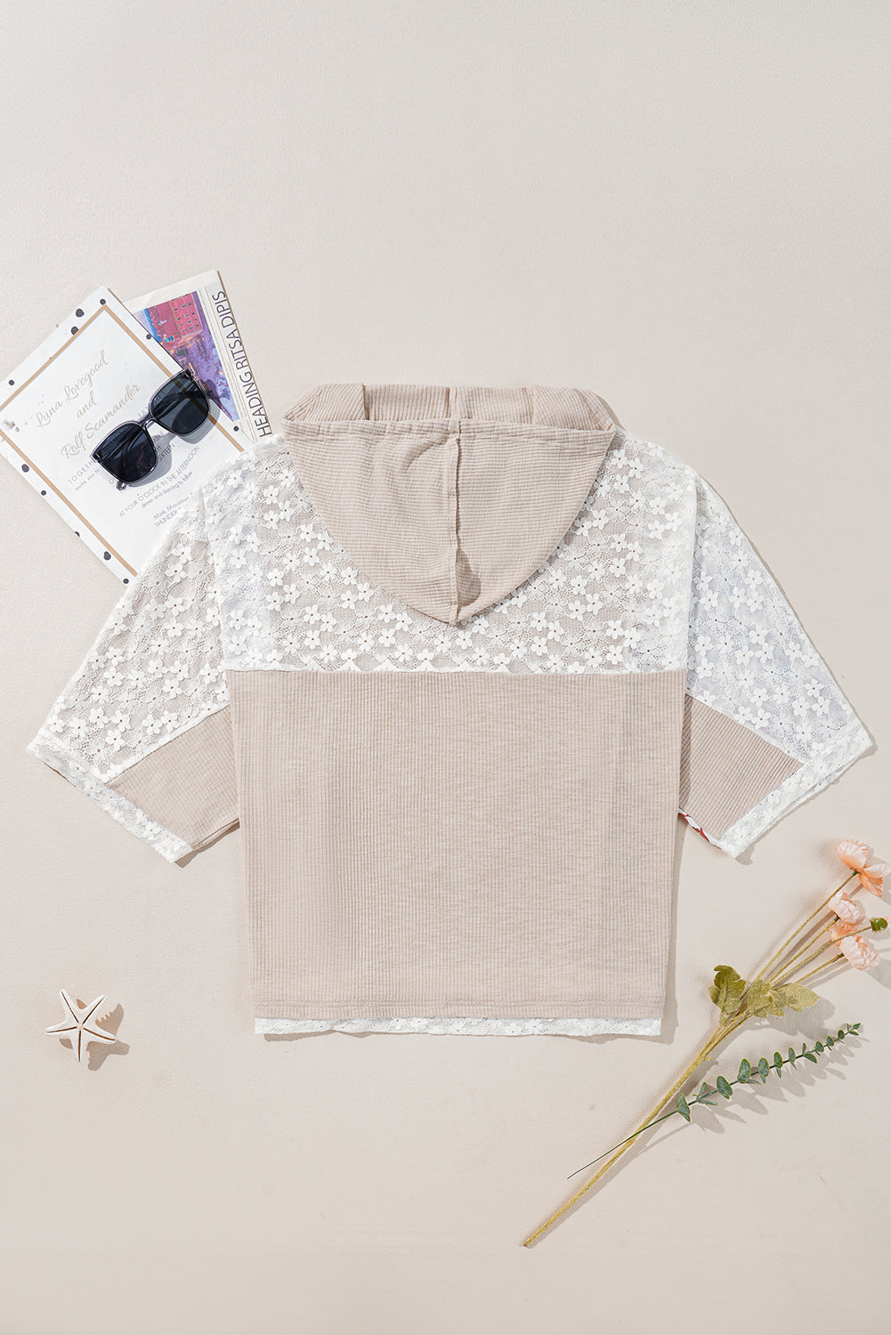 Khaki V Neck Floral Peace Sign Graphic Lace Patch Ribbed Plus Size Hooded Top