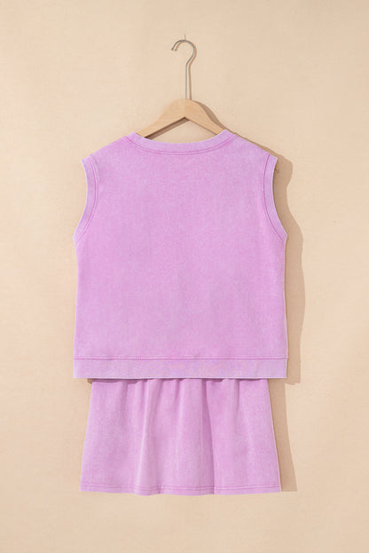 Phalaenopsis Solid Color Washed Sleeveless Top Split Skort Cotton 2pcs Outfit
