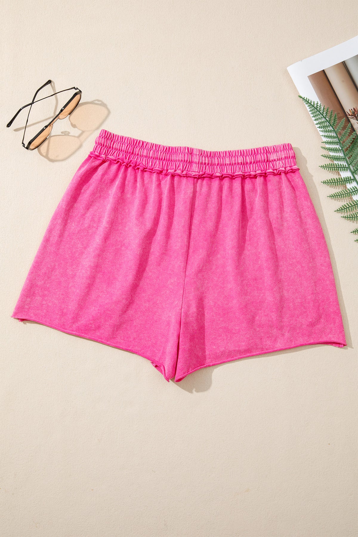 Rose Red 100% Cotton Mineral Washed Drawstring Elastic Waist Raw Cut Shorts