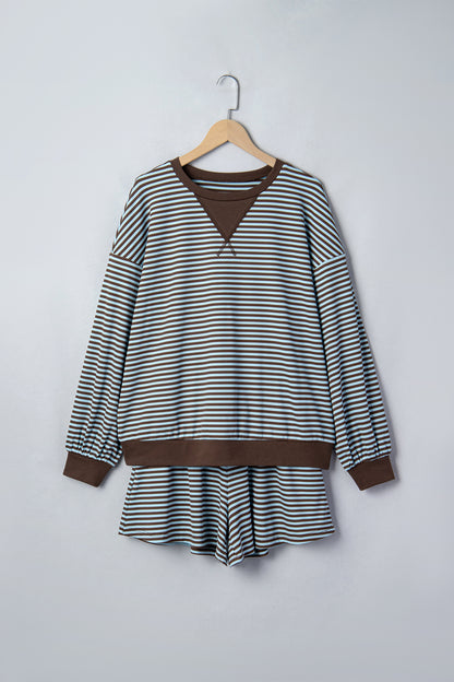 Brown Stripe Oversized Long Sleeve Top Drawstring Loose Shorts 2pcs Set