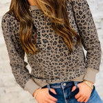 Khaki Ribbed Trim Leopard Print Long Sleeve Top