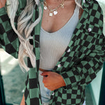 Green Checkerboard Flap Pocket Button Front Shacket
