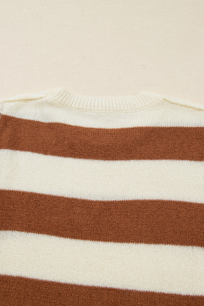 Brown Stripe Drop Shoulder Sleeve Patchwork Baggy Sweater