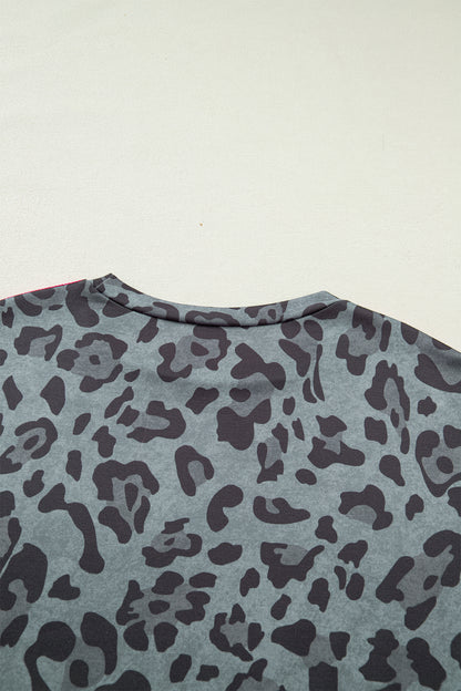 Gray Leopard Print Varsity Striped Trim Long Sleeve Top