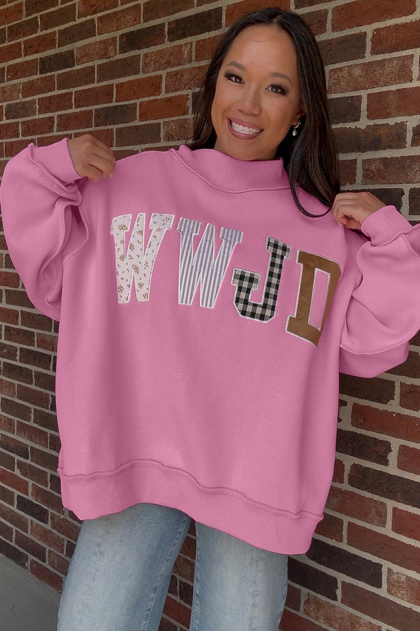 Bonbon WWJD Mixed Pattern Embroidered Patch Graphic Mock Neck Sweatshirt