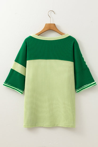 Mint Green Striped Patchwork Textured Colorblock 3/4 Sleeve Knit Top