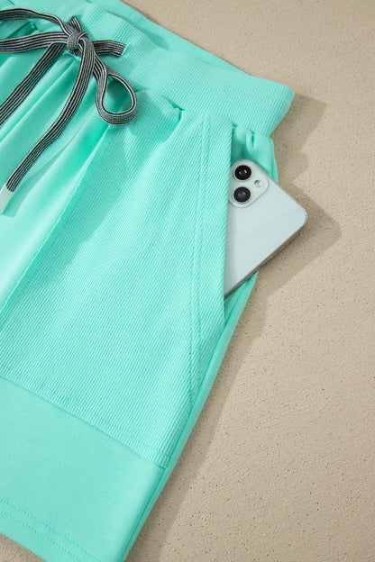 Mint Green V Neck Short Sleeve Top Drawstring Shorts 2pcs Set