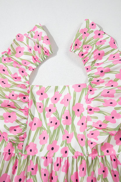 Robe longue rose à imprimé floral, col carré et bretelles à volants