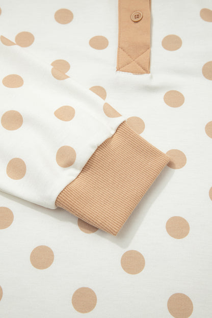 Khaki Polka Dot Drop Shoulder Polo Loose Pullover Patch Pocket Casual Shorts Set