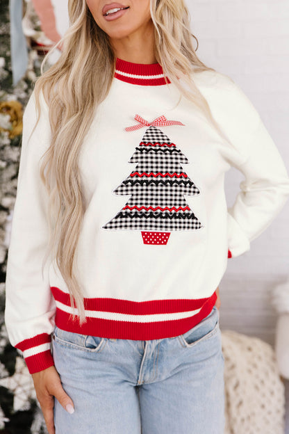 White Christmas Plaid Tree Applique Round Neck Loose Sweater