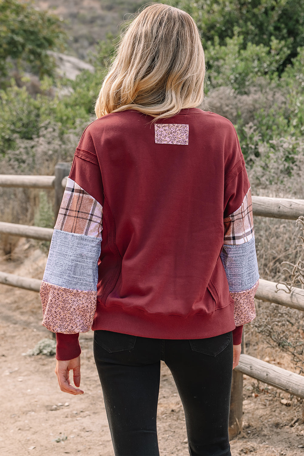 Smoke Gray Plaid Colorblock Patchwork Sleeve Raw Seam Sweatshirt