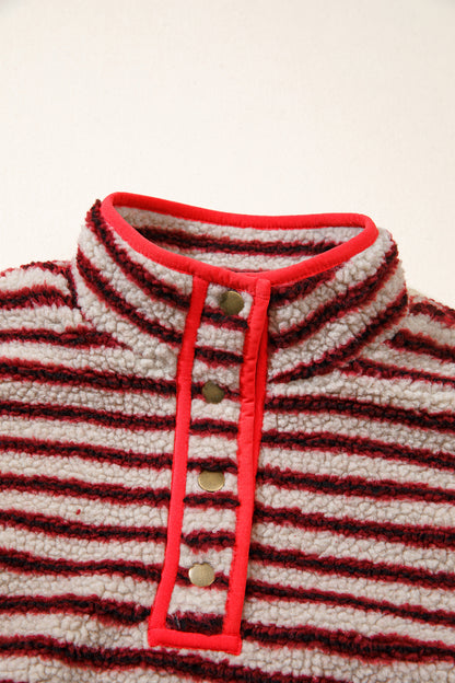 Red Striped Fuzzy Colorblock Button Placket Sweatshirt