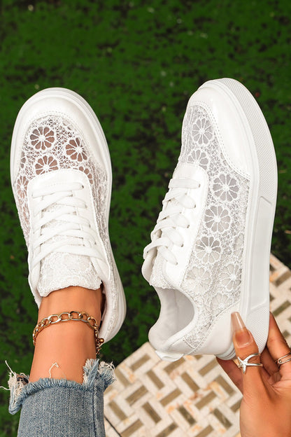 White Sheer Floral Lace Slip-On Casual Sneakers