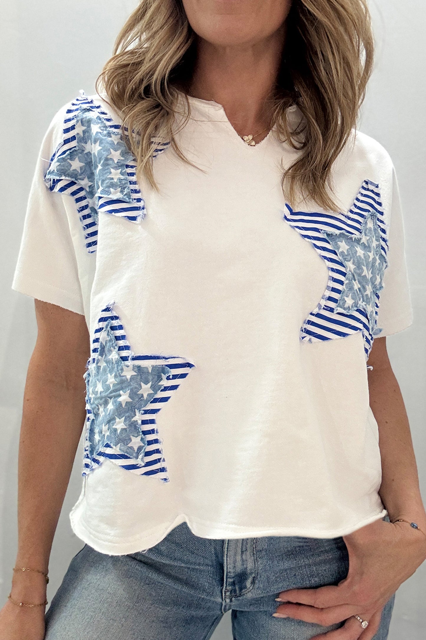 Sky Blue Patriot Star Patched Notched Neck Mineral Washed Tee