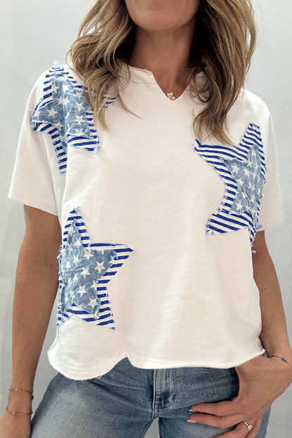 Sky Blue Patriot Star Patched Notched Neck Mineral Washed Tee